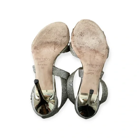 Women’s Jimmy Choo “Lottie” glitter cross cross strap heels, size 38 (7.5 in US)